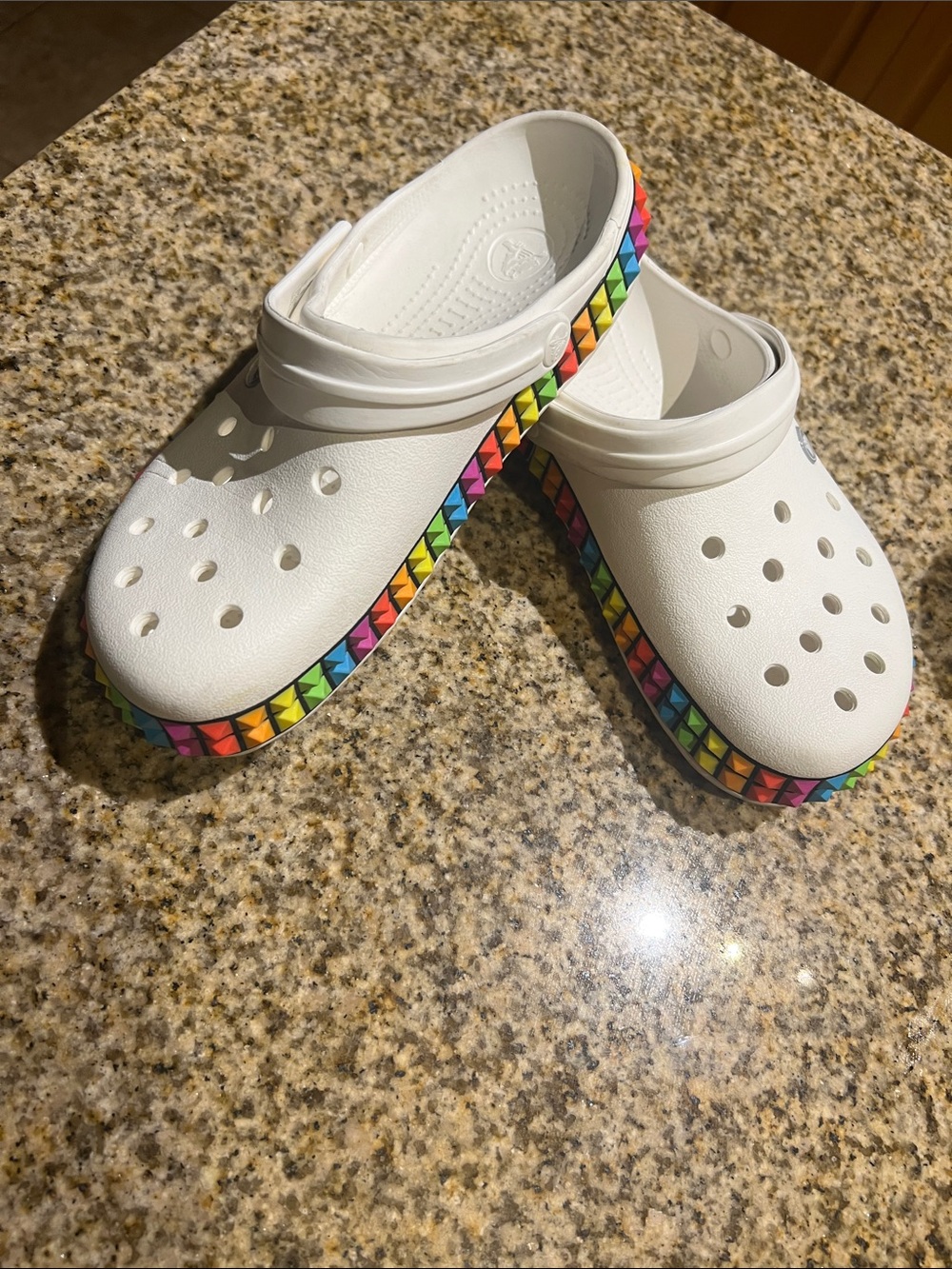 CROCS White Clog with Rainbow Pyramid Trim